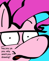 Size: 968x1200 | Tagged: safe, artist:justanotherponyartblog, imported from derpibooru, pinkie pie, pony, dialogue, food, looking at you, random, silly, simple, super serious, talking to viewer