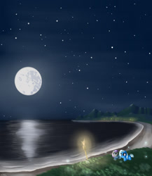 Size: 2000x2300 | Tagged: safe, artist:a8f12, imported from derpibooru, maud pie, trixie, earth pony, pony, unicorn, beach, duo, female, grass field, implied mauxie, implied shipping, mare, mare in the moon, moon, night, scenery