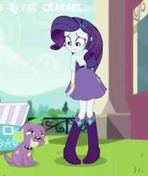 Size: 403x480 | Tagged: safe, imported from derpibooru, screencap, rarity, spike, spike the regular dog, dog, dance magic, equestria girls, spoiler:eqg specials, boots, clothes, cropped, female, high heel boots, looking down, looking up, male, shoes, skirt