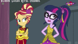 Size: 427x240 | Tagged: safe, edit, edited screencap, imported from derpibooru, screencap, sci-twi, sunset shimmer, twilight sparkle, dance magic, equestria girls, spoiler:eqg specials, animated, clothes, crossed arms, female, gif, glasses, ponytail, skirt, sleeveless, teletoon