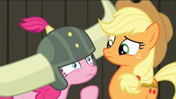Size: 1920x1080 | Tagged: safe, imported from derpibooru, screencap, applejack, pinkie pie, pony, not asking for trouble, discovery family logo, helmet, honorary yak horns, horned helmet, viking helmet