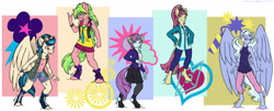 Size: 2000x811 | Tagged: safe, artist:kaemantis, imported from derpibooru, indigo zap, lemon zest, sour sweet, sugarcoat, sunny flare, anthro, earth pony, pegasus, unguligrade anthro, unicorn, clothes, denim, equestria girls ponified, female, glasses, goggles, leggings, pigtails, ponified, ponytail, shadow five, shirt, shorts, skirt, twintails