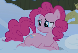 Size: 1401x946 | Tagged: safe, imported from derpibooru, screencap, pinkie pie, earth pony, pony, not asking for trouble, female, mare, night, prone, sad, snow, solo, yakyakistan