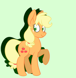 Size: 1024x1050 | Tagged: safe, artist:woollily, imported from derpibooru, applejack, earth pony, pony, colored pupils, female, green background, mare, raised hoof, simple background, smiling, solo