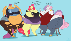 Size: 4841x2817 | Tagged: safe, artist:boxgoat, artist:mangoicy, imported from derpibooru, apple bloom, scootaloo, sweetie belle, anthro, absurd resolution, alternate hairstyle, apple blob, bbw, bingo wings, cutie mark crusaders, dialogue, fat, impossibly wide hips, morbidly obese, obese, older, scootalard, smoking, ssbbw, stretch mark crusaders, sweetie belly, wide hips