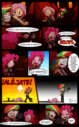 Size: 1024x1638 | Tagged: safe, artist:fj-c, imported from derpibooru, fluttershy, pinkie pie, rainbow dash, human, equestria girls, armpits, belly button, clothes, comic, dialogue, fantasy equestria, fight, humanized, midriff, spanish, sword, weapon