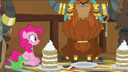 Size: 1920x1080 | Tagged: safe, imported from derpibooru, screencap, gummy, pinkie pie, prince rutherford, pony, yak, not asking for trouble, cake, cloven hooves, discovery family logo, female, food, male, sitting, unnamed character, unnamed yak