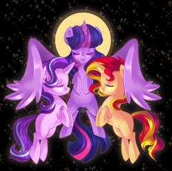 Size: 2388x2380 | Tagged: safe, artist:drawntildawn, imported from derpibooru, starlight glimmer, sunset shimmer, twilight sparkle, alicorn, pony, unicorn, counterparts, eyes closed, twilight sparkle (alicorn), twilight's counterparts, watermark