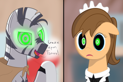 Size: 1200x800 | Tagged: source needed, safe, artist:mightyshockwave, imported from derpibooru, oc, oc only, oc:tsavo, oc:zippersnap, zebra, clothes, dilated pupils, maid, mind control, swirly eyes