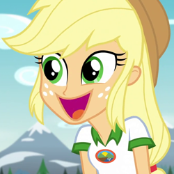 Size: 670x670 | Tagged: safe, edit, edited screencap, imported from derpibooru, screencap, applejack, equestria girls, legend of everfree, cropped, cute, female, irrational exuberance, jackabetes, open mouth, smiling, solo