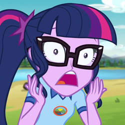 Size: 720x720 | Tagged: safe, imported from derpibooru, screencap, sci-twi, twilight sparkle, equestria girls, legend of everfree, camp everfree outfits, cropped, faic, female, glasses, open mouth, reaction image, solo