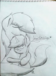 Size: 2684x3618 | Tagged: safe, artist:kimjoman, artist:php142, imported from derpibooru, oc, oc only, oc:purple flix, pony, eyes closed, father and son, father's day, heart, hug, love, male, monochrome, smiling, traditional art