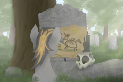 Size: 4500x3000 | Tagged: safe, artist:rautaketju13, imported from derpibooru, oc, oc only, oc:smokey debt, pony, unicorn, absurd resolution, cake, candle, castling, fog, forest, gravestone, implied death, painting, princess sunbutt, skull, solo