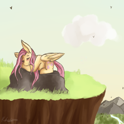 Size: 512x512 | Tagged: safe, artist:lovelyheartmlp, imported from derpibooru, fluttershy, pony, female, prone, rock, sleeping, solo