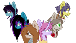 Size: 2560x1440 | Tagged: safe, artist:despotshy, imported from derpibooru, oc, oc only, oc:despot, oc:despy, oc:kissel, oc:nell, oc:noel, oc:vadim, earth pony, pegasus, pony, unicorn, blind eye, blue eyes, brown eyes, bust, clothes, digital art, fangs, female, gift art, glasses, green eyes, happy birthday, headphones, horns, male, mare, ponysona, portrait, purple eyes, simple background, smiling, stallion, third eye, three eyes, transparent background, yellow eyes