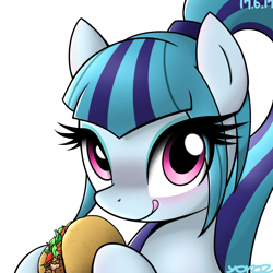 Size: 1284x1284 | Tagged: safe, artist:yorozpony, imported from derpibooru, sonata dusk, earth pony, pony, blue eyeshadow, equestria girls ponified, eyeshadow, female, food, licking, licking lips, makeup, mare, ponies eating meat, ponified, simple background, solo, sonataco, taco, that girl sure loves tacos, that pony sure does love tacos, that siren sure does love tacos, tongue out, white background