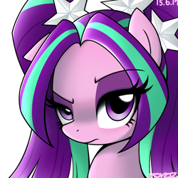 Size: 1284x1284 | Tagged: safe, artist:yorozpony, imported from derpibooru, aria blaze, earth pony, pony, ariabetes, bust, cute, equestria girls ponified, female, grumpy, looking at you, mare, ponified, portrait, simple background, solo