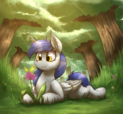 Size: 2199x2039 | Tagged: safe, artist:otakuap, imported from derpibooru, oc, oc only, oc:gabriel, bat pony, butterfly, pony, crepuscular rays, fangs, flower, forest, grass, prone, smiling, solo