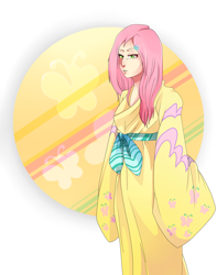 Size: 1500x1900 | Tagged: safe, artist:kristallone, imported from derpibooru, fluttershy, human, alternate hairstyle, clothes, female, humanized, kimono (clothing), solo