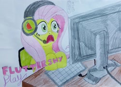 Size: 1049x761 | Tagged: safe, artist:dncsamsonart, artist:malevolentsamson, artist:psygcosis507, imported from derpibooru, fluttershy, pegasus, pony, computer, female, headphones, mare, open mouth, solo, traditional art