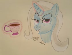 Size: 1027x777 | Tagged: safe, artist:dncsamsonart, artist:malevolentsamson, artist:psygcosis507, imported from derpibooru, trixie, pony, unicorn, bust, cup, female, grin, mare, no second glances, smiling, smirk, solo, teacup, that pony sure does love teacups, traditional art