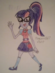 Size: 1064x1404 | Tagged: safe, artist:dncsamsonart, artist:malevolentsamson, artist:psygcosis507, imported from derpibooru, sci-twi, twilight sparkle, equestria girls, belt, clothes, cute, female, glasses, high heels, mary janes, ponytail, sci-twi outfits, shoes, skirt, socks, solo, traditional art