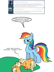 Size: 600x800 | Tagged: safe, artist:dekomaru, imported from derpibooru, applejack, rainbow dash, pony, tumblr:ask twixie, ask, implied appledash, implied lesbian, implied shipping, sad, sleeping, tumblr