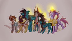 Size: 2560x1440 | Tagged: safe, artist:antidism, imported from derpibooru, oc, oc only, oc:despot, oc:despy, oc:kissel, oc:nell, oc:noel, oc:vadim, earth pony, pegasus, pony, unicorn, clothes, family, fangs, headphones, horns, magic, ponysona, size difference