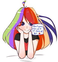 Size: 1482x1586 | Tagged: safe, artist:fluffleduckle, imported from derpibooru, rainbow dash, oc, oc:anon, human, female, humanized, simple background, solo, talking to viewer, vulgar, white background