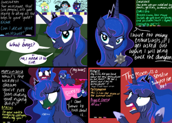 Size: 4823x3445 | Tagged: safe, artist:darkest-lunar-flower, derpibooru exclusive, imported from derpibooru, princess luna, oc, alicorn, earth pony, pony, unicorn, naughty luna, absurd resolution, aeiou, angry, blushing, crying, do not want, dungeon, female, male, mare, naughty, nauseous, nightmare, ptsd, scared, stallion, sweatdrop, teary eyes