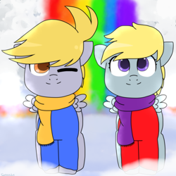 Size: 2000x2000 | Tagged: safe, artist:saveraedae, imported from derpibooru, chirpy hooves, crackle pop, pony, rainbow falls, brother and sister, clothes, cracklebetes, cute, female, looking at you, male, one eye closed, sibling bonding, snow, wink, winter