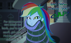 Size: 1255x765 | Tagged: safe, artist:snakeythingy, imported from derpibooru, rainbow dash, equestria girls, coils, crossover, dialogue, kaa, kaa eyes, mind control, peril, photomanipulation