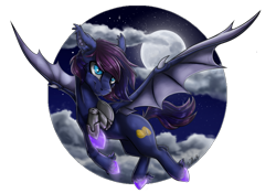 Size: 3679x2576 | Tagged: safe, artist:gaelledragons, imported from derpibooru, oc, oc only, oc:bitmaker, bat pony, pony, amputee, cloud, female, flying, high res, mare, moon, prosthetic limb, prosthetics, simple background, solo, transparent background