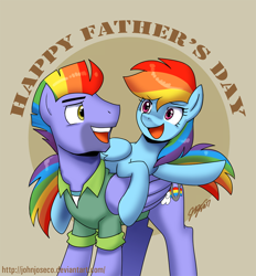 Size: 800x862 | Tagged: safe, artist:johnjoseco, imported from derpibooru, bow hothoof, rainbow dash, pony, parental glideance, clothes, father and daughter, father's day, female, male, ponies riding ponies, rainbow dash riding bow hothoof, riding