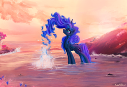 Size: 2500x1705 | Tagged: safe, artist:1deathpony1, artist:kp-shadowsquirrel, color edit, edit, imported from derpibooru, princess luna, alicorn, pony, color porn, colored, ethereal mane, female, solo, splash, water