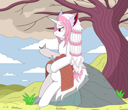 Size: 1850x1600 | Tagged: safe, artist:questionpony, deleted from derpibooru, imported from derpibooru, oc, oc only, pony, unicorn, rock, sitting, solo, tree