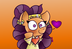 Size: 1090x740 | Tagged: safe, artist:snakeythingy, derpibooru exclusive, imported from derpibooru, saffron masala, pony, unicorn, blushing, drawing error, ear piercing, earring, female, gradient background, heart, jewelry, looking at you, missing horn, piercing, smiling, solo