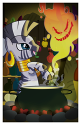 Size: 1024x1583 | Tagged: safe, artist:kazziepones, imported from derpibooru, zecora, ghost, zebra, cauldron, female, pot, smiling, solo, spirit, zecora's hut