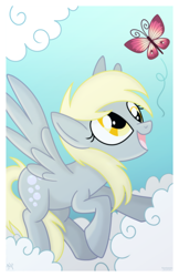 Size: 1024x1583 | Tagged: safe, artist:kazziepones, imported from derpibooru, derpy hooves, butterfly, pegasus, pony, cloud, female, smiling, solo