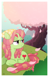 Size: 1024x1583 | Tagged: safe, artist:kazziepones, imported from derpibooru, tree hugger, earth pony, pony, female, grass, lidded eyes, looking back, mare, outdoors, prone, smiling, solo, tree