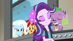 Size: 2000x1130 | Tagged: safe, artist:lifes-remedy, artist:remcmaximus, artist:serendipony, artist:titanium-pony, artist:ytpinkiepie2, edit, edited screencap, imported from derpibooru, screencap, spike, spike the regular dog, starlight glimmer, sunset shimmer, trixie, dog, equestria girls, rainbow rocks, beanie, counterparts, cuddling, cute, eyes closed, female, food, glimmerbetes, hat, imminent kissing, love, male, open mouth, popcorn, shipper on deck, shipping, sparlight, spikabetes, spike the dog, straight, sunset shipper, the amazing trio of friendship, the great and powerful shipper, this will end in kisses, twilight's counterparts, window