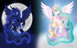 Size: 1600x1000 | Tagged: safe, artist:auveiss, imported from derpibooru, princess celestia, princess luna, alicorn, pony, alicorns only, duo, duo female, female, mare, moon, royal sisters, wallpaper