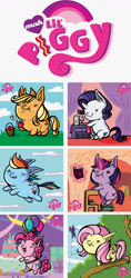 Size: 800x1698 | Tagged: safe, artist:sn00glez, edit, imported from derpibooru, applejack, fluttershy, pinkie pie, rainbow dash, rarity, twilight sparkle, pig, pigasus, applepig, bacon, flutterpig, food, horn, logo, logo edit, logo parody, mane six, meat, my little x, piggie pie, pigified, rainbow pig, raripig, species swap, twilight porkle, wings