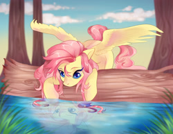 Size: 1024x791 | Tagged: dead source, safe, artist:naminzo, imported from derpibooru, fluttershy, pegasus, pony, colored pupils, cute, female, mare, prone, reflection, ripple, shyabetes, sky, solo, spread wings, tree, water, wings
