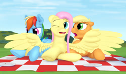 Size: 2432x1434 | Tagged: safe, artist:stillwaterspony, imported from derpibooru, applejack, fluttershy, rainbow dash, pegasus, pony, appledashshy, female, lesbian, picnic, picnic blanket, plate, polyamory, preening, shipping, spread wings, wince, wings