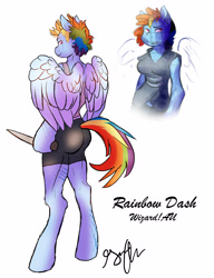 Size: 3293x4282 | Tagged: dead source, safe, artist:shellielle, imported from derpibooru, rainbow dash, anthro, pegasus, unguligrade anthro, absurd resolution, alternate universe, ass, butt, eye scar, female, implied tail hole, knife, looking back, looking down, looking over shoulder, looking sideways, looking up, mare, rear view, scar, simple background, smiling, solo, tail