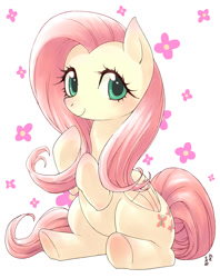 Size: 1000x1263 | Tagged: safe, artist:yanamosuda, imported from derpibooru, fluttershy, pegasus, pony, cute, female, flower, looking at you, mare, shyabetes, sitting, smiling, solo