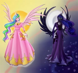 Size: 945x885 | Tagged: safe, artist:marguarita33, imported from derpibooru, princess celestia, princess luna, human, clothes, dress, elf ears, horned humanization, humanized, pony coloring, royal sisters, winged humanization, wings