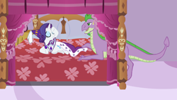 Size: 1920x1080 | Tagged: safe, artist:adamlhumphreys, artist:adcoon, artist:danton-damnark, artist:dlazerous, artist:purplefairy456, edit, imported from derpibooru, vector edit, princess platinum, rarity, spike, dragon, pony, unicorn, bed, bedroom, clothes, costume, male, older, older spike, shipping, show accurate, sparity, straight, vector