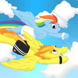 Size: 3000x3000 | Tagged: safe, artist:saralien, imported from derpibooru, rainbow dash, spitfire, pegasus, pony, clothes, cloud, duo, duo female, female, mare, shorts, sky, sports, sports shorts, sweat, sweatband, tongue out